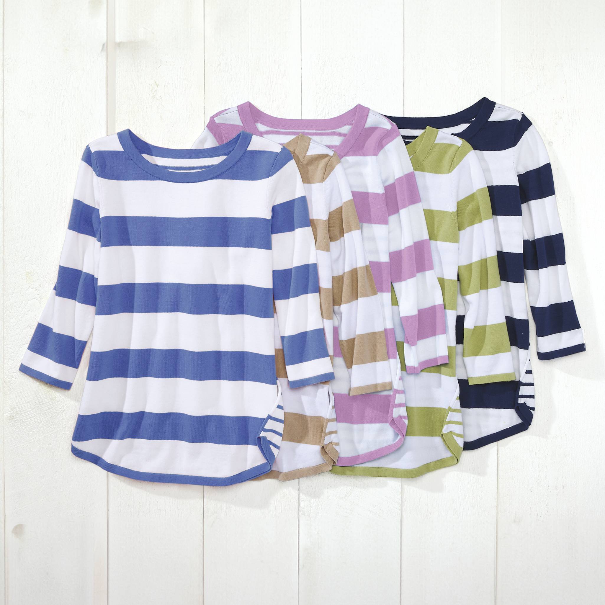 Multi Stripe Cotton Sweater, 3/4 Sleeves, Curved Hem, Pullover - Northstyle Catalog