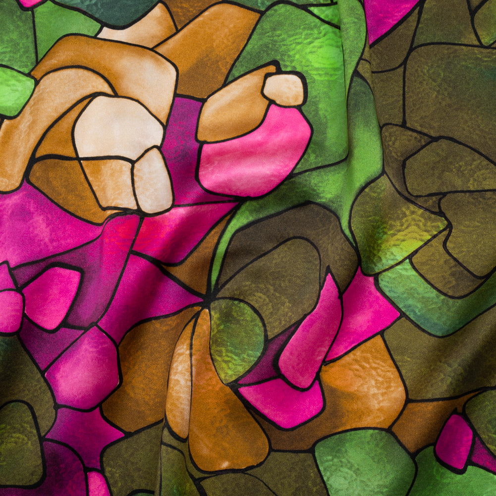 Silk Charmeuse Print 16MM, Made in Italy - Olive Green, Tan and Bright Pink Stained Glass Roses - Joann Fabrics