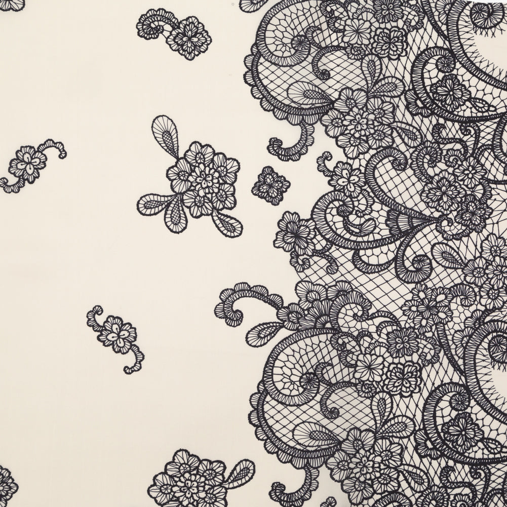 Mood Exclusive Italian Black on Putty Floral Lace Border Digitally Printed Silk Organza - Joann Fabrics