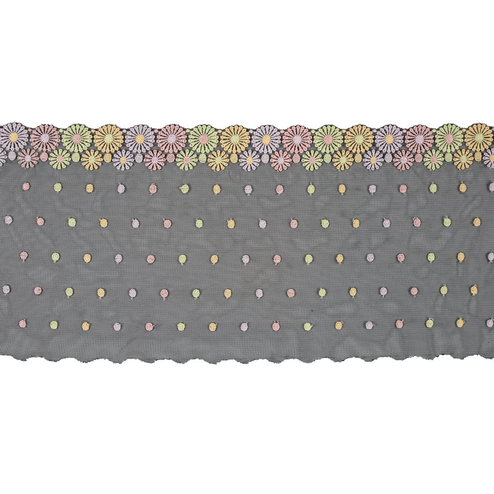 Pastel Floral Embroidery on Black Mesh - 6.5