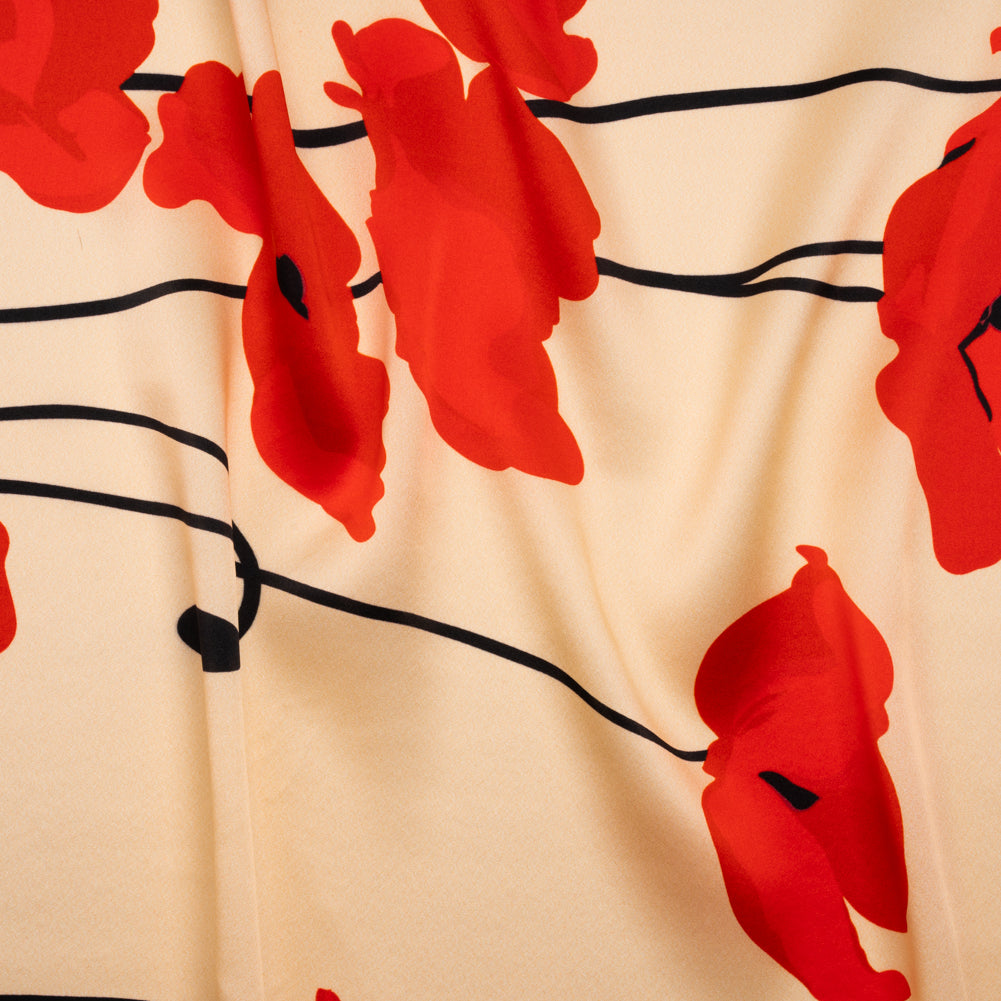 Silk Charmeuse Print - Beige, Red and Black Poppy Stems Border - Made in Italy - Joann Fabrics
