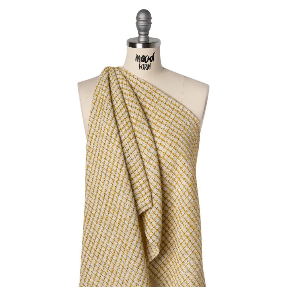 Metallic Wool Blend Tweed Boucle Made in Italy - White, Sunflower Yellow and Gold Checks - Deadstock - Joann Fabrics