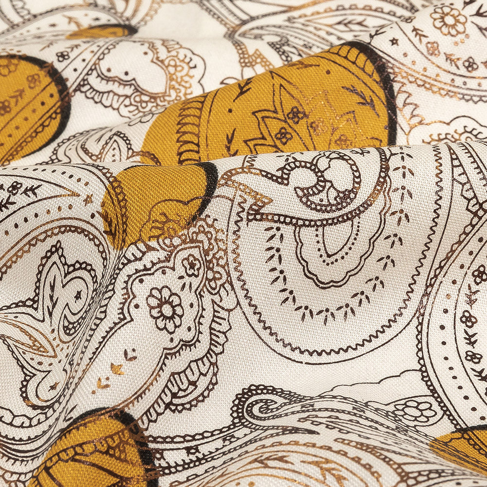 Honey Gold, Brown and White Foiled Paisley on Polka Dot Printed Viscose Woven - Joann Fabrics
