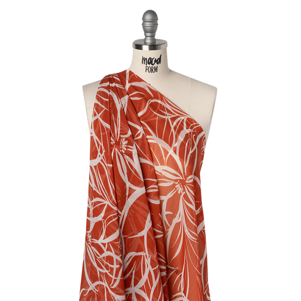 Crinkled Polyester Chiffon Print - Burnt Orange and White Floral Linework - Designer Deadstock - Joann Fabrics