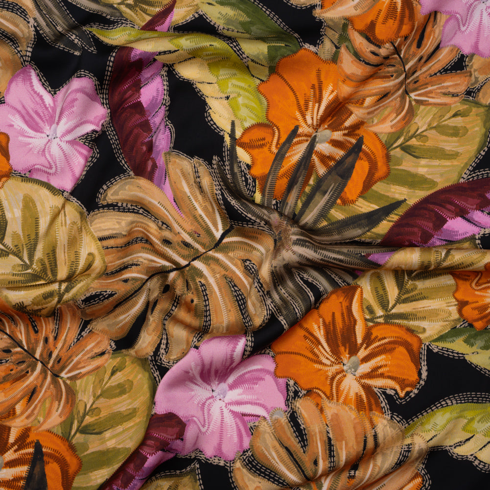 Polyester Satin - Beige, Green and Orange Tropical Leaves and Flowers with Stitching - Mood Exclusive Sunstitched Canopy Print - Joann Fabrics