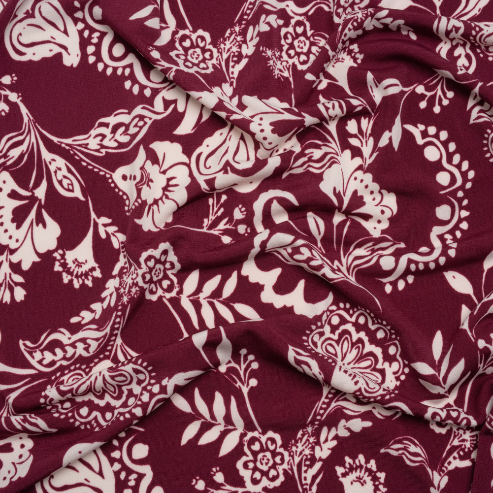 Stretch Polyester Tricot Print - Raspberry and Cream Jacobean Florals - Designer Deadstock - Joann Fabrics