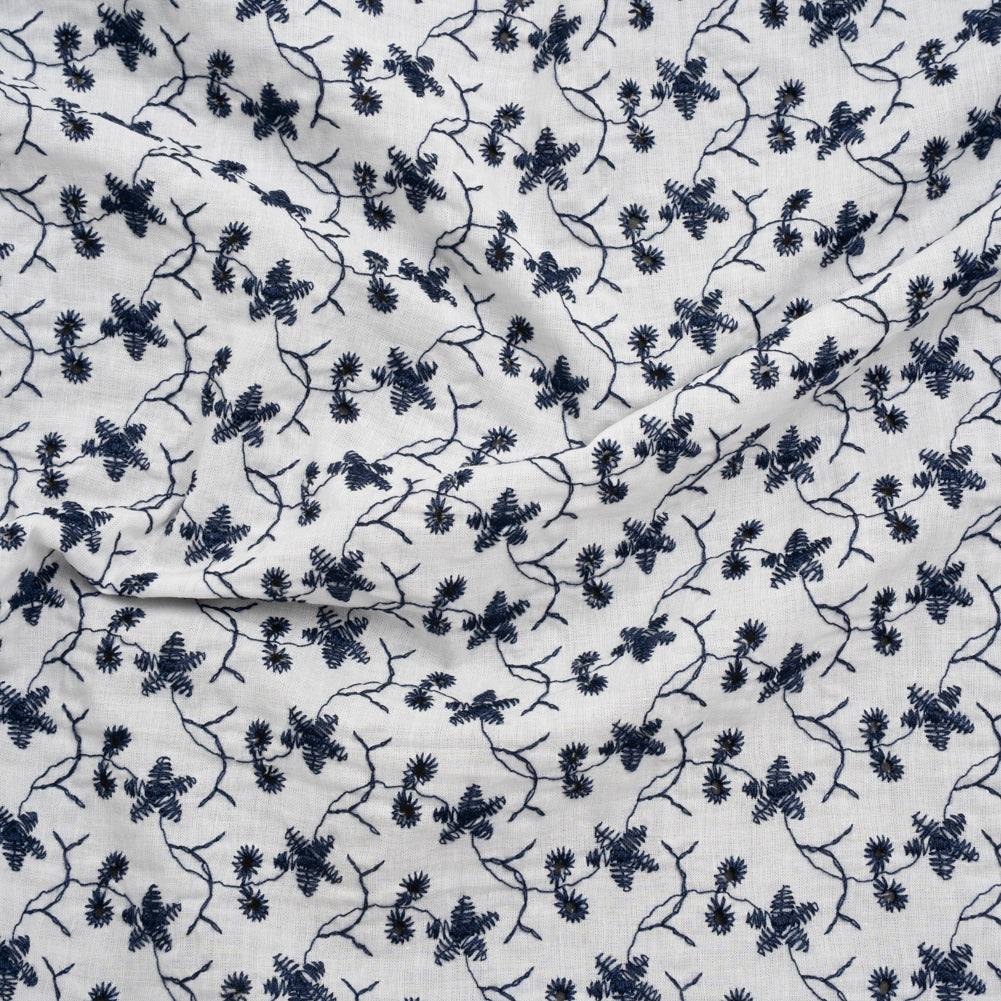 Embroidered Eyelet Cotton Voile - Navy Blue and White Little Flowers - Designer Deadstock - Joann Fabrics