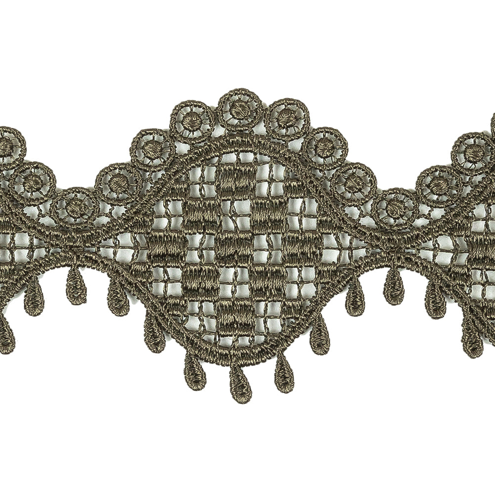 Olive Green Checks, Ogee, and Circles Venise Lace Trim with Teardrop Fringe - 2.125