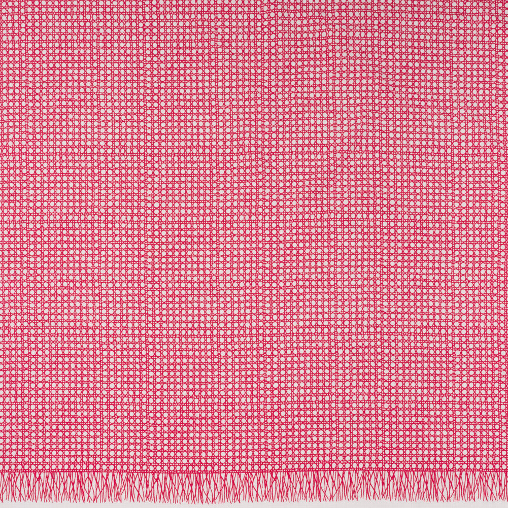 Textured Stretch Cotton Basketweave Panel by Trina Turk - Hot Pink and White Circle Grid and Printed Fringe Border - Designer Deadstock - Joann Fabrics