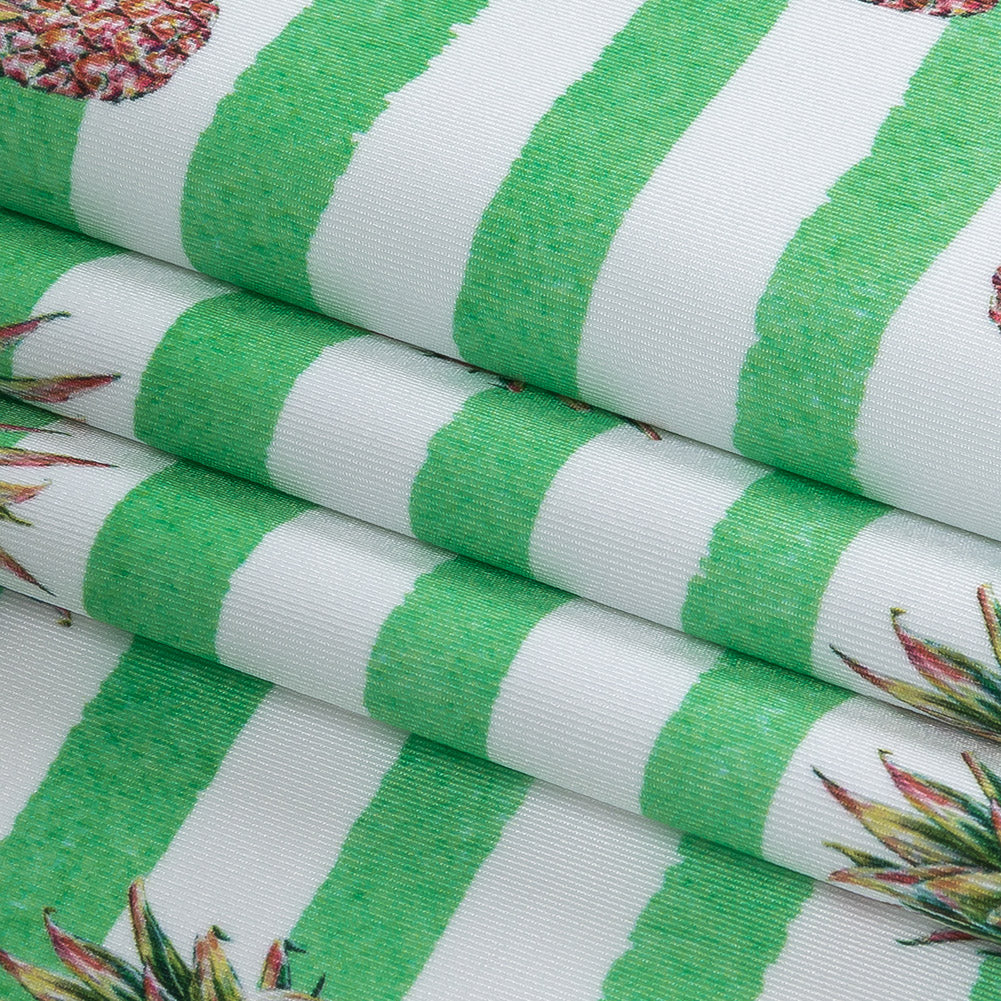 Compression Swimwear Tricot, UV Protective with Aloe Vera Microcapsules - Green and White Painted Stripes and Pineapples - Caye Collection - Joann Fabrics