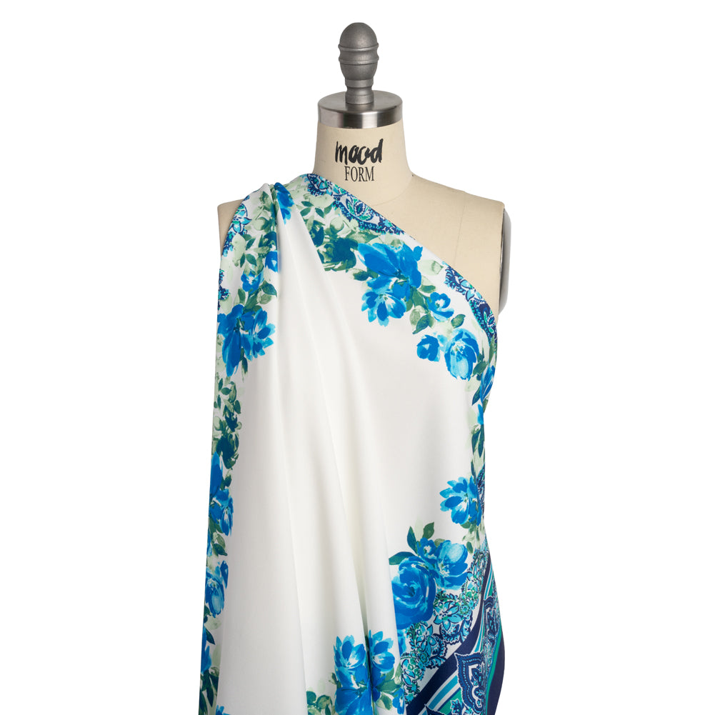 Stretch Polyester Crepe Double Knit Panel - Blue, Green and ivory Floral Border - Designer Deadstock - Joann Fabrics