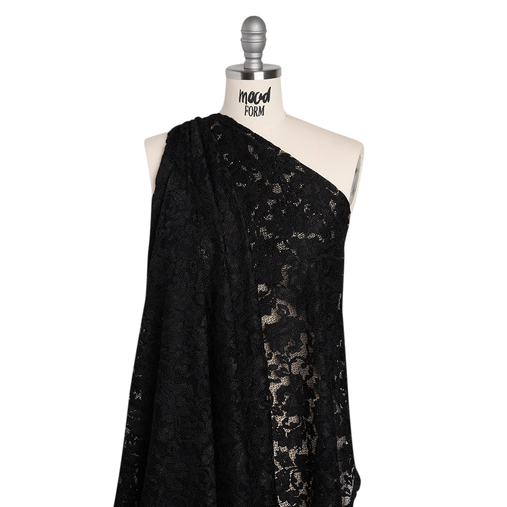 Stretch Raschel Lace with Finished Scalloped Edges - Luminous Black Flowers, Leaves and Swirls - Crina Collection - Joann Fabrics
