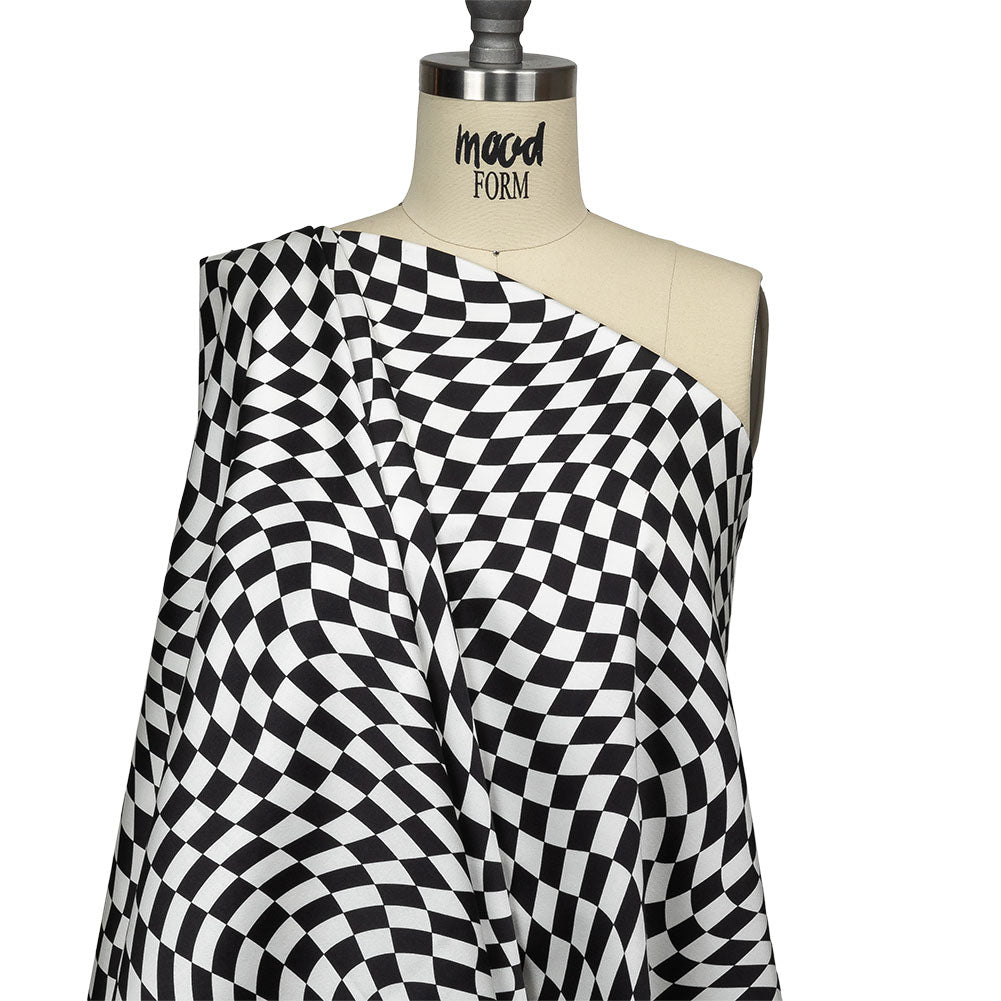 Stretch Cotton Sateen - Black and White Warped Checks - Down the Rabbit Hole Print - Mood Exclusive Indigo Collection - Joann Fabrics