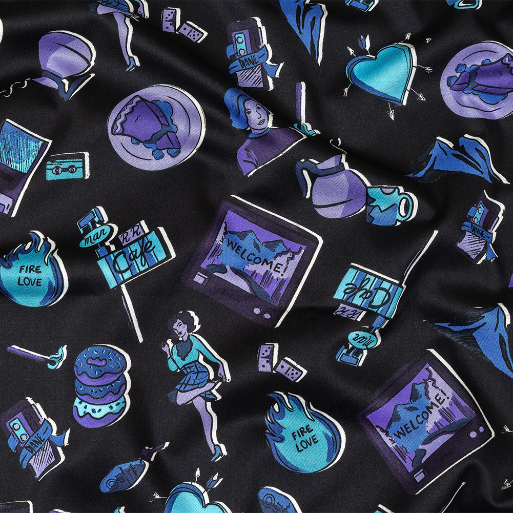 Stretch Cotton Sateen - Purple and Blue Iconic Symbols - Live at Sun Studio Print - Mood Exclusive Indigo Collection - Joann Fabrics