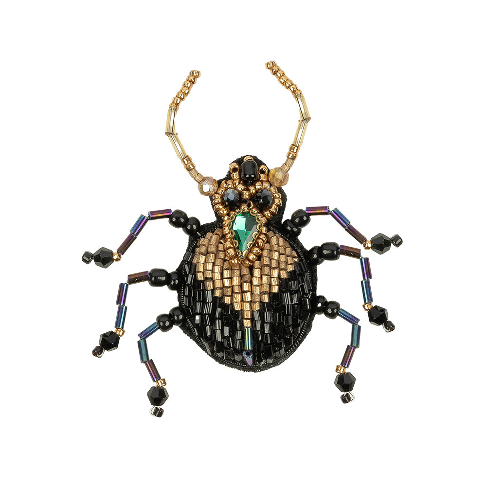 Black, Gold, and Iridescent Blue Beetle Rhinestone and Glass Beaded Applique - 2.88