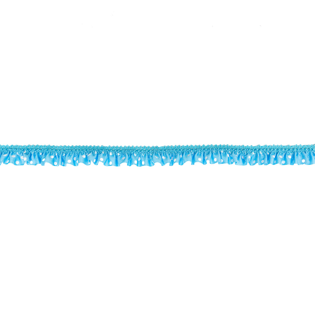 European Sky Blue and White Polka Dot Ruffled Stretch Grosgrain .875