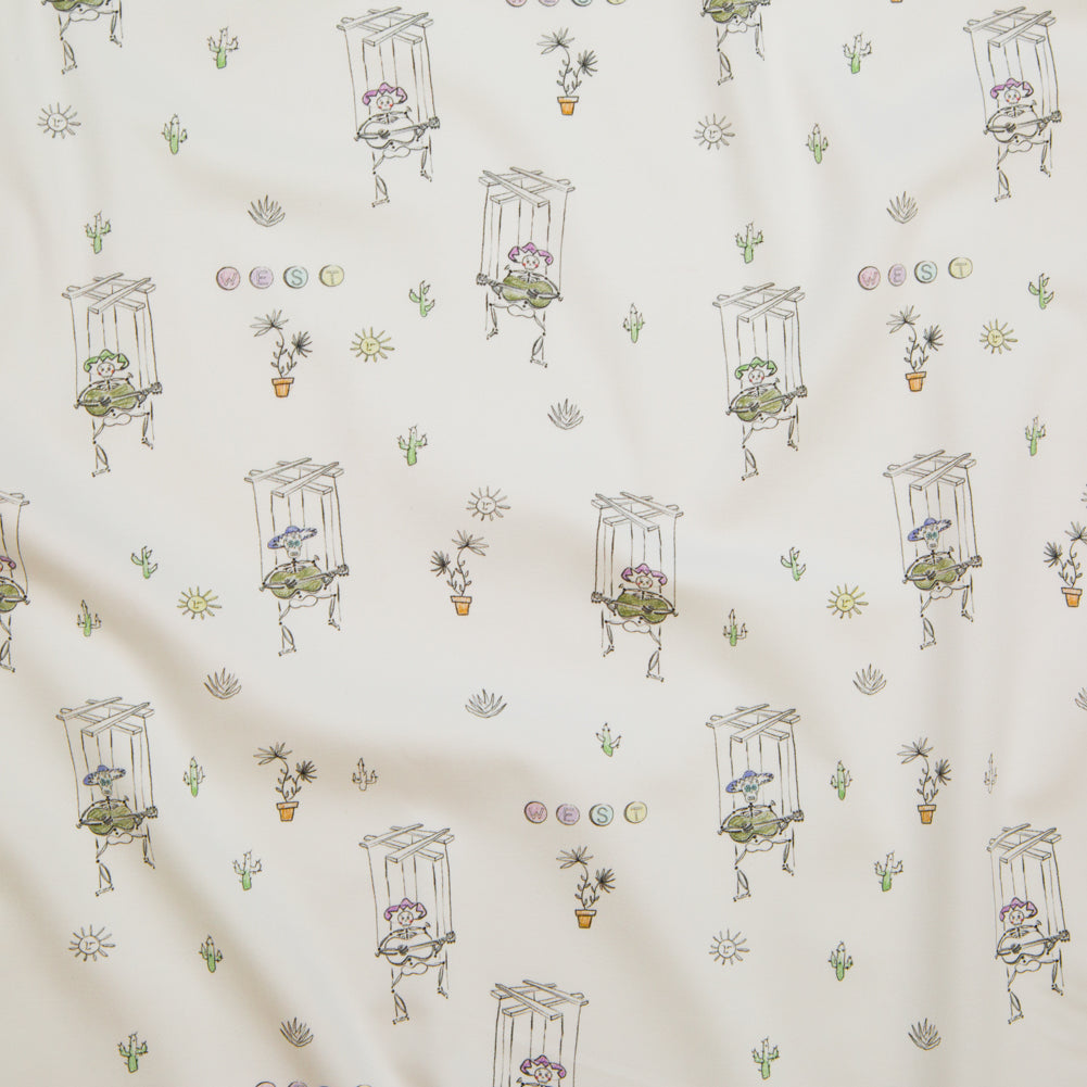 Stretch Cotton Sateen - White Skeleton Marionettes - My Friend's Story Print - Mood Exclusive Crow Collection - Joann Fabrics