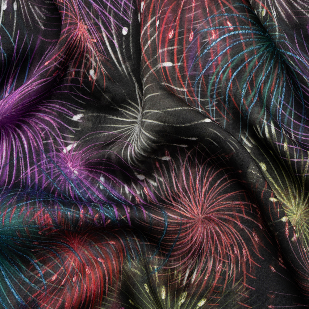 Sustainable and Recycled Viscose Satin Print - Purple, Red and Green Fireworks - Mood Exclusive Twilight's Last Gleaming - Joann Fabrics