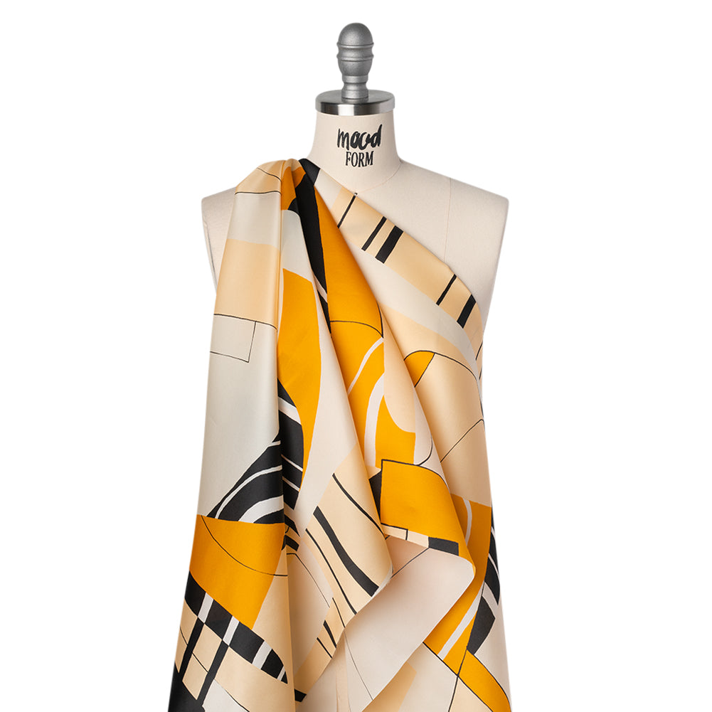 Heavy Silk Satin-Faced Organza, Made in Italy - Off White, Golden Yellow and Black Abstract - Joann Fabrics