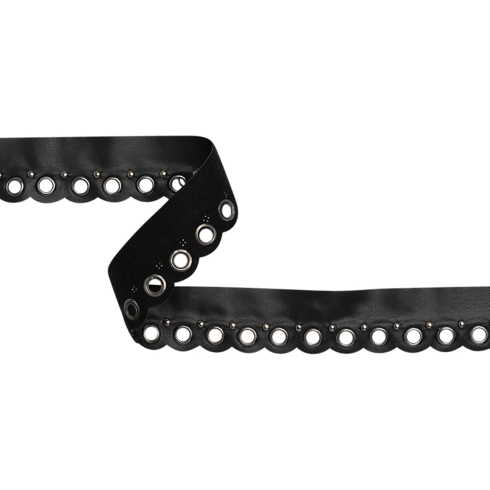 Yaya Han Scalloped Faux Leather Trim with Grommets and Studs - Black and Silver, 1.25