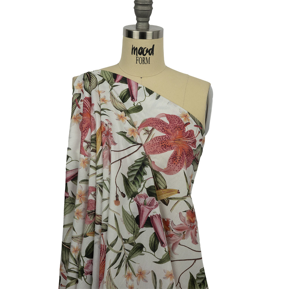 Mercerized Organic Egyptian Cotton Voile - Green, Pink and White Tropical Flowers - Toulouse Collection - Joann Fabrics