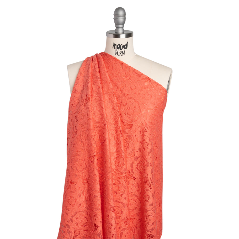 Stretch Re-Embroidered Lace with Finished Edges - Deep Sea Coral All-Over Roses - Joann Fabrics