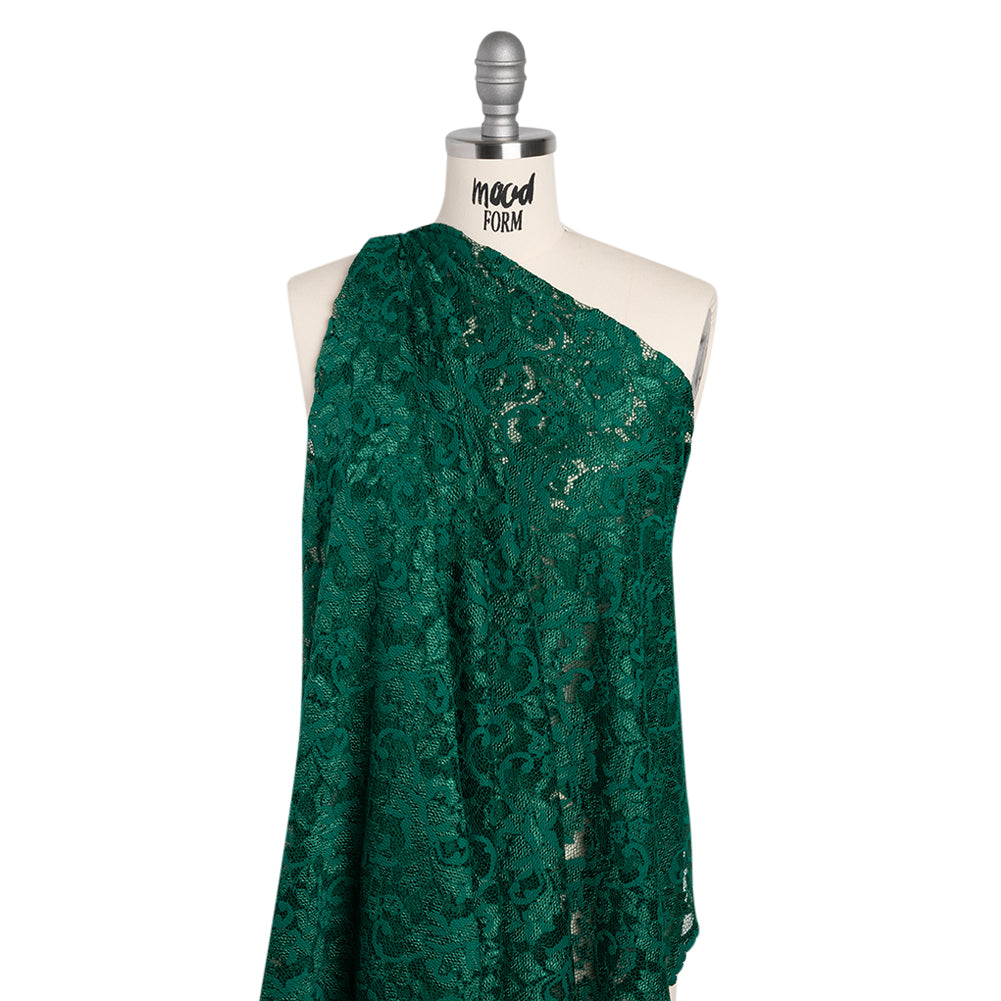 Stretch Raschel Lace with Finished Scalloped Edges - Luminous Emerald Green Flowers, Leaves and Swirls - Crina Collection - Joann Fabrics
