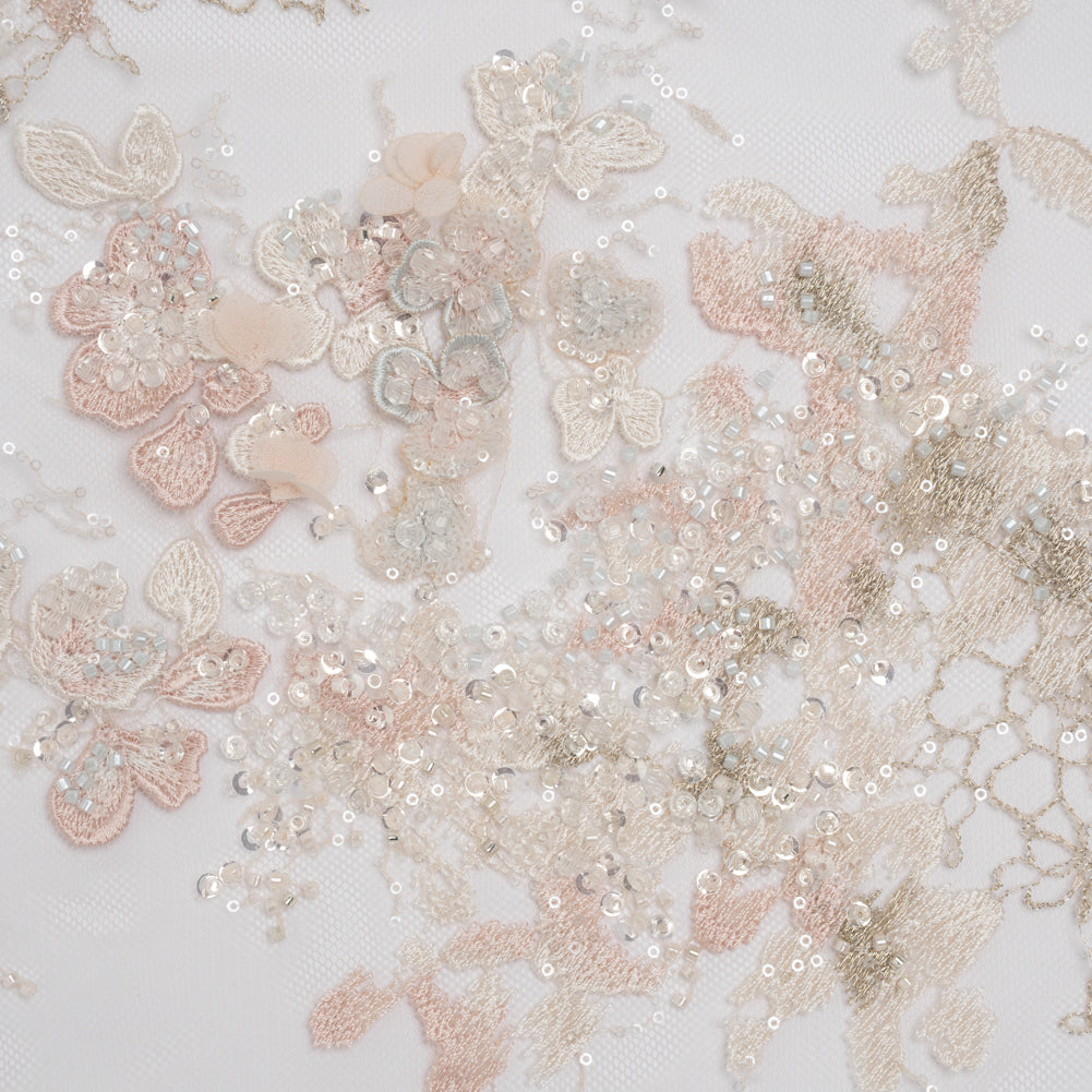 Beaded and Embroidered Tulle with 3D Fabric Flowers - Beige, Pink and White Blossoms - Joann Fabrics