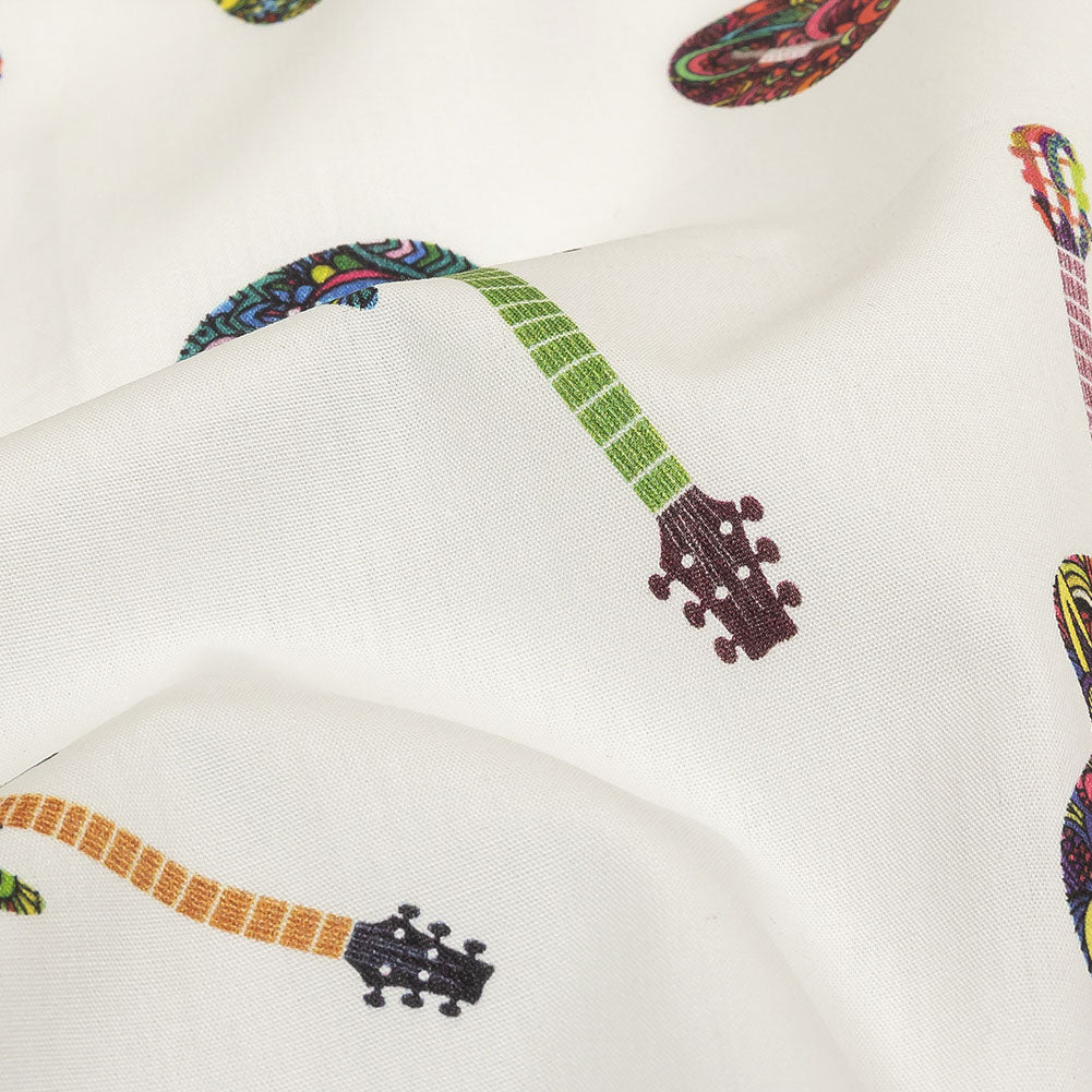 Blanc de Blanc and Multicolor Decorated Guitars Cotton Shirting - Joann Fabrics