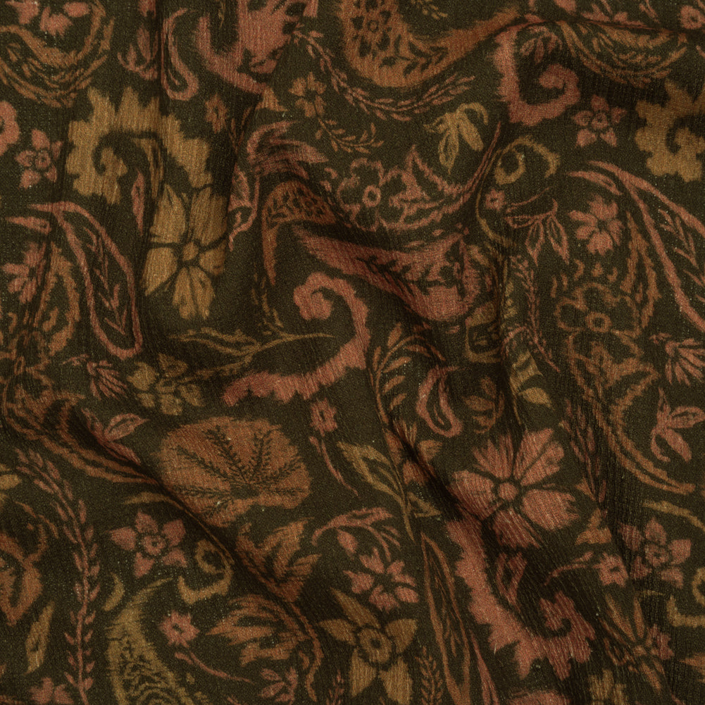 Slubbed Gauzy Cotton Woven - Dark Olive Green, Brown and Blush Tan Woodland Paisley - Mood Exclusive Woodland Whorls Print - Joann Fabrics