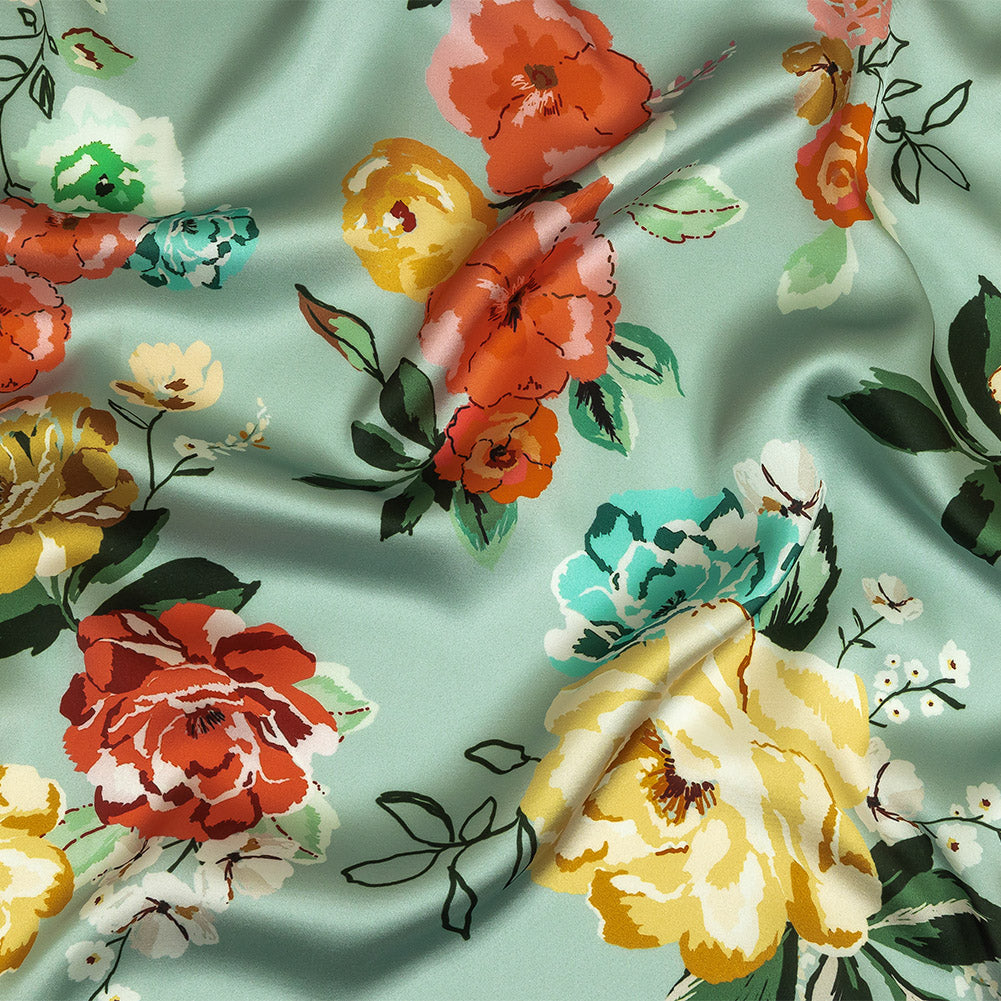 Polyester Charmeuse Print - Mint, Red and Yellow Floral - Mood Exclusive Going Electric - Joann Fabrics