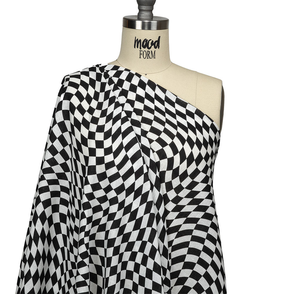 Linen and Rayon Woven - Black and White Warped Checks - Down the Rabbit Hole Print - Mood Exclusive Indigo Collection - Joann Fabrics