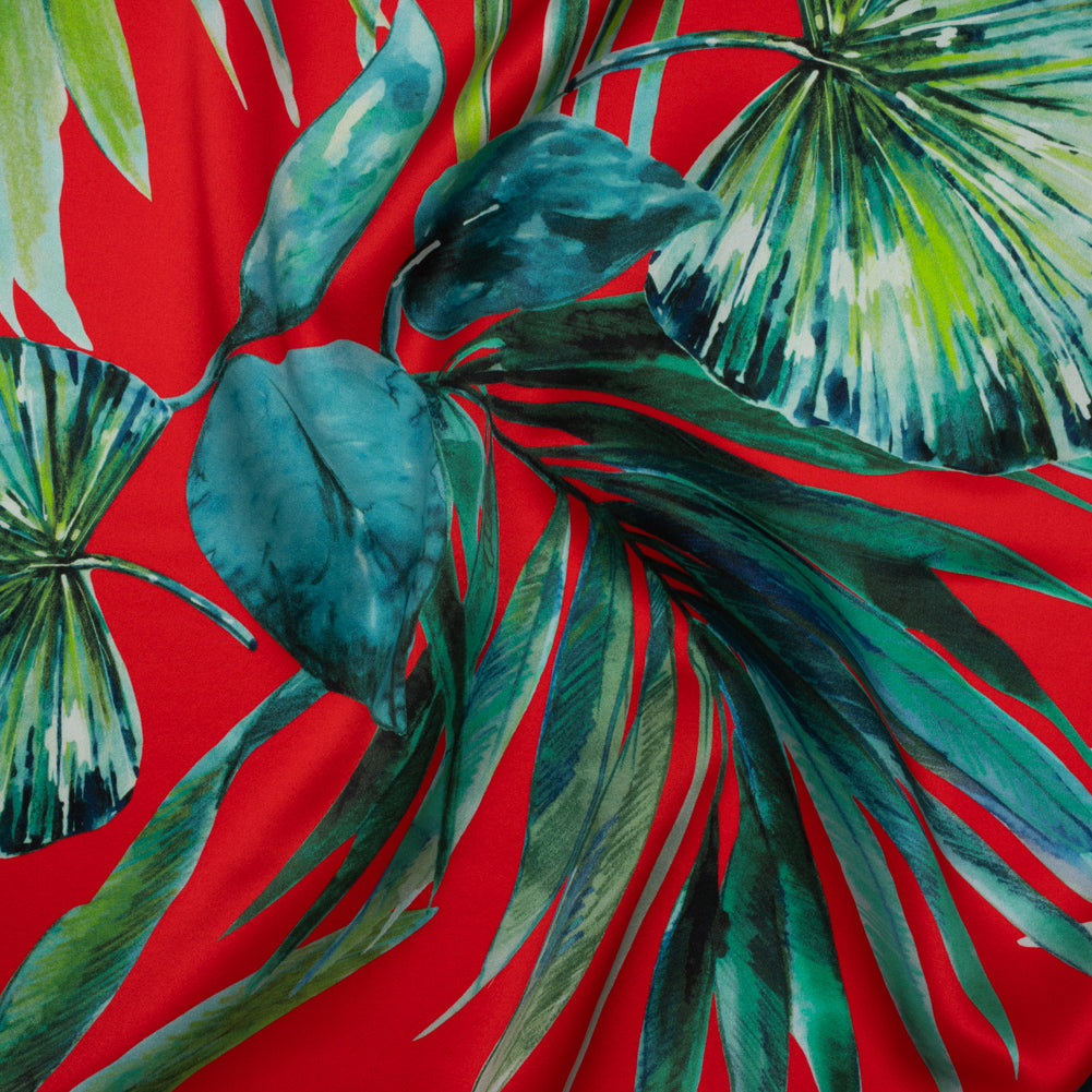 Silk Charmeuse Print 16MM, Made in Italy - Red and Green Tropical Leaves - Joann Fabrics