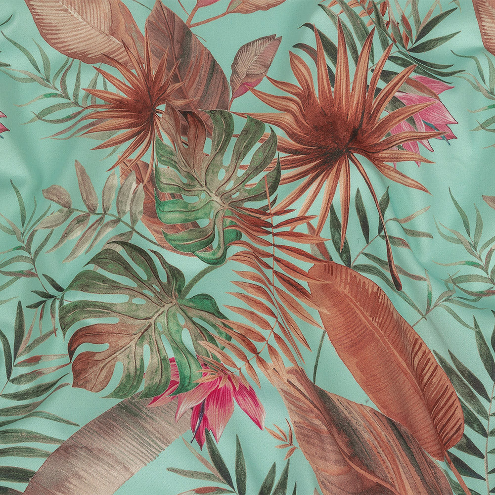 Stretch Cotton Sateen - Aqua Tropical Leaves - Efficacy of Contentment Print - Mood Exclusive Key Largo Collection - Joann Fabrics