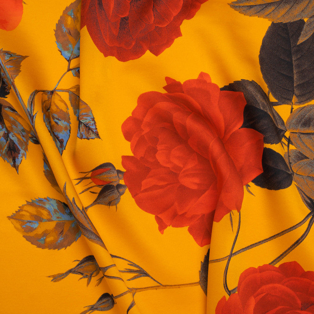 Silk Charmeuse Print 16MM, Made in Italy - Golden Yellow, Red and Olive Green Roses and Stems - Joann Fabrics