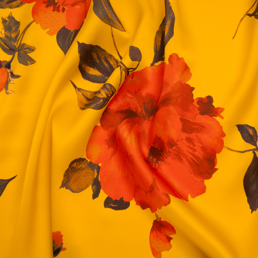 Silk Charmeuse Print 16MM, Made in Italy - Golden Yellow and Red Scattered Roses - Joann Fabrics