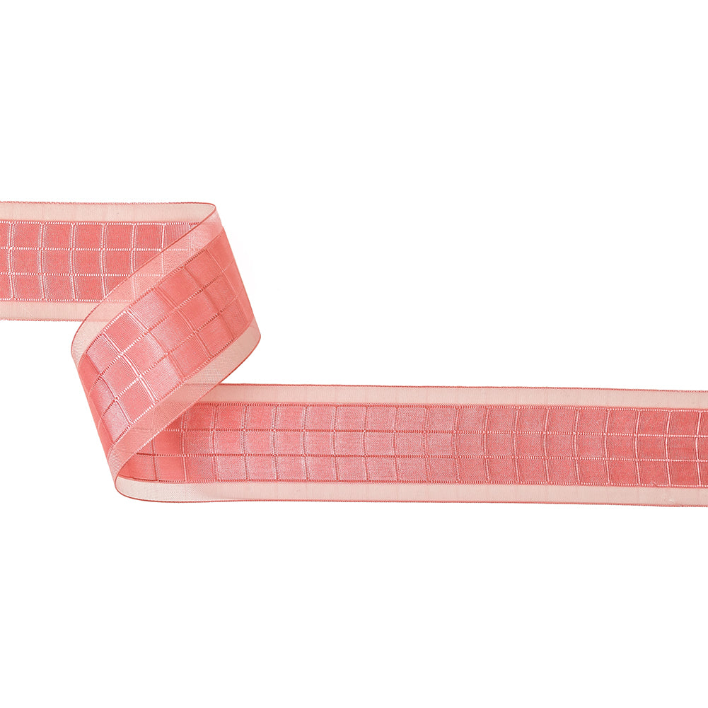 Bubblegum Pink Windowpane Checks and Sheer Borders Woven Ribbon - 1.5
