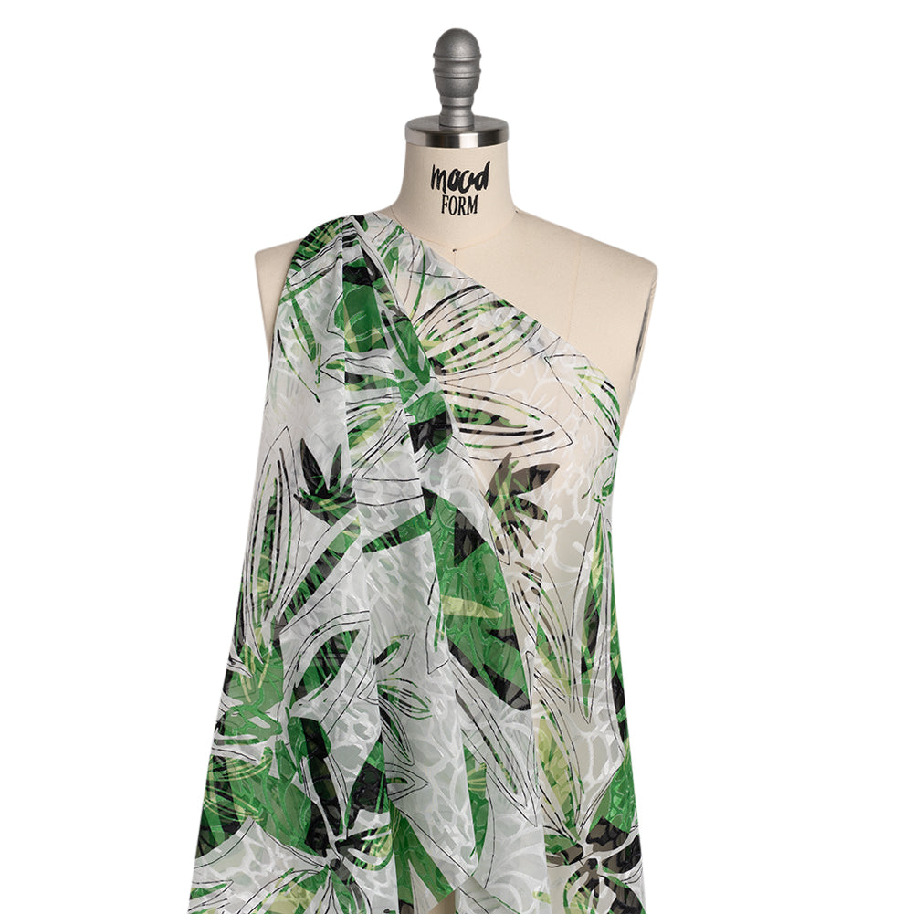 Polyester Burnout Brocade Print - White, Green and Black Floral - Designer Deadstock - Joann Fabrics