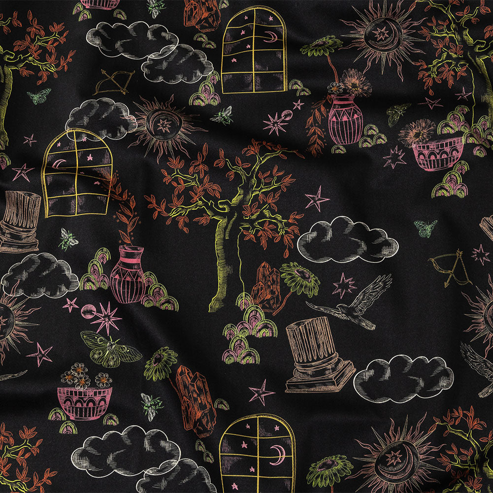 Stretch Cotton Sateen - Black Trees and Windows - Summer Nights Print - Mood Exclusive Citrus Collection - Joann Fabrics