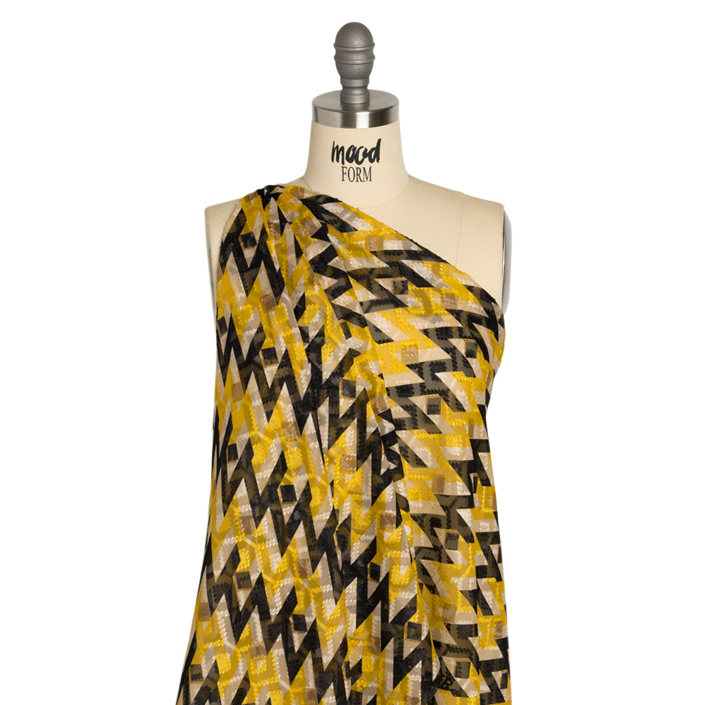 Geometric Burnout Polyester Woven Print - Cream, Yellow and Black Geometric - Mood Exclusive Treasures Untold - Joann Fabrics