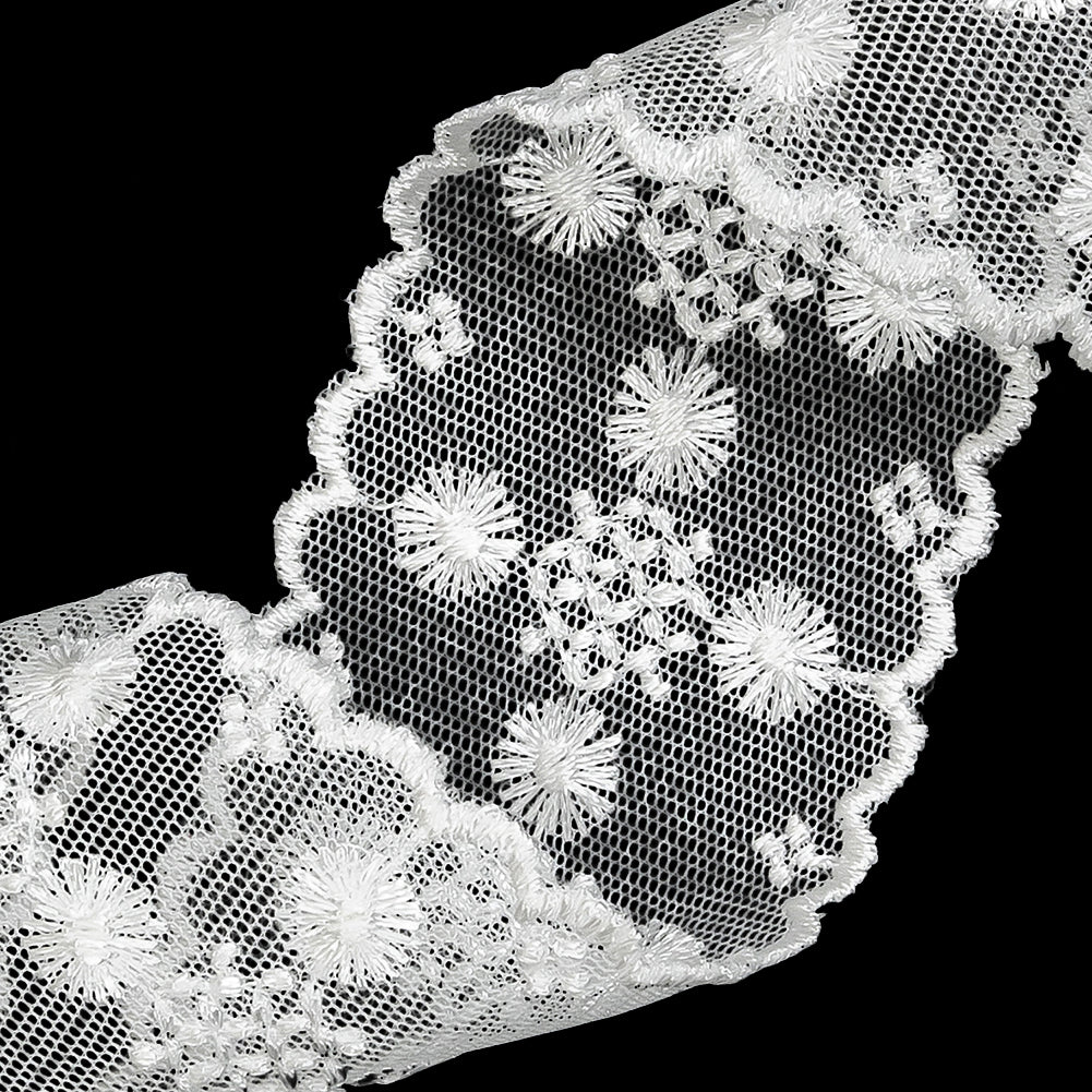 White Floral and Geometric Embroidered Lace Trim with Scalloped Edges - 2.125