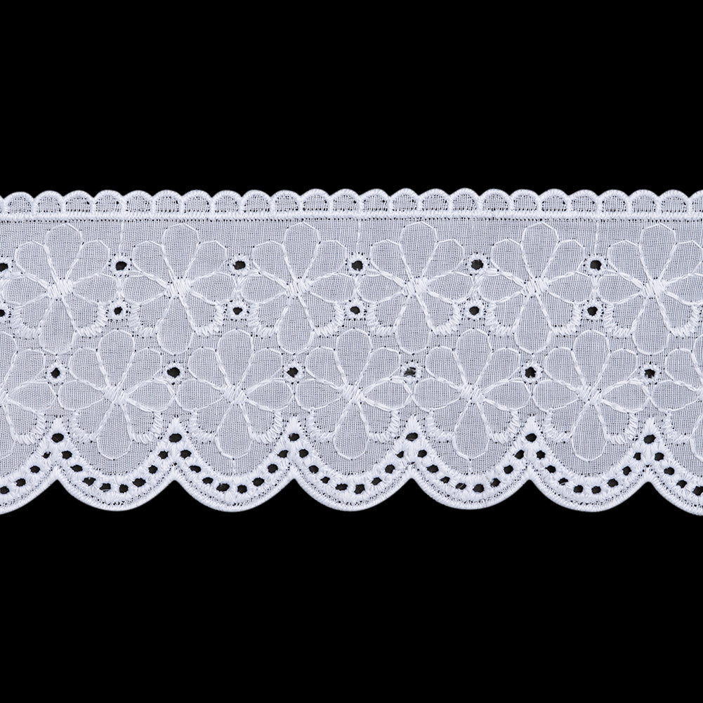 Cotton and Polyester Embroidered Eyelet Lace Trim with Scalloped Edges - 2.75