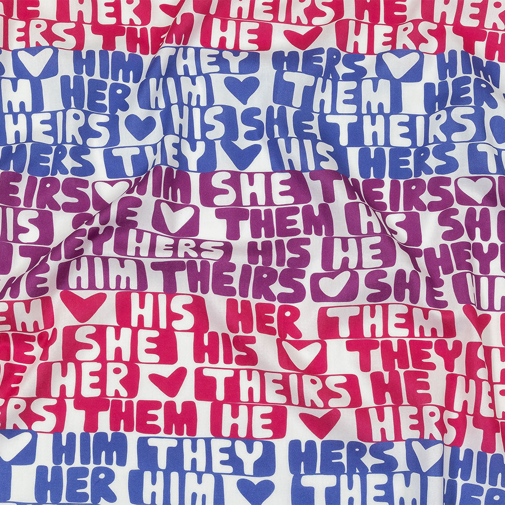 Mercerized Organic Egyptian Cotton Voile - Hot Pink, Blue and Purple Pronoun Stripes - More Than Words Print - Mood Exclusive Pride Collection - Joann Fabrics