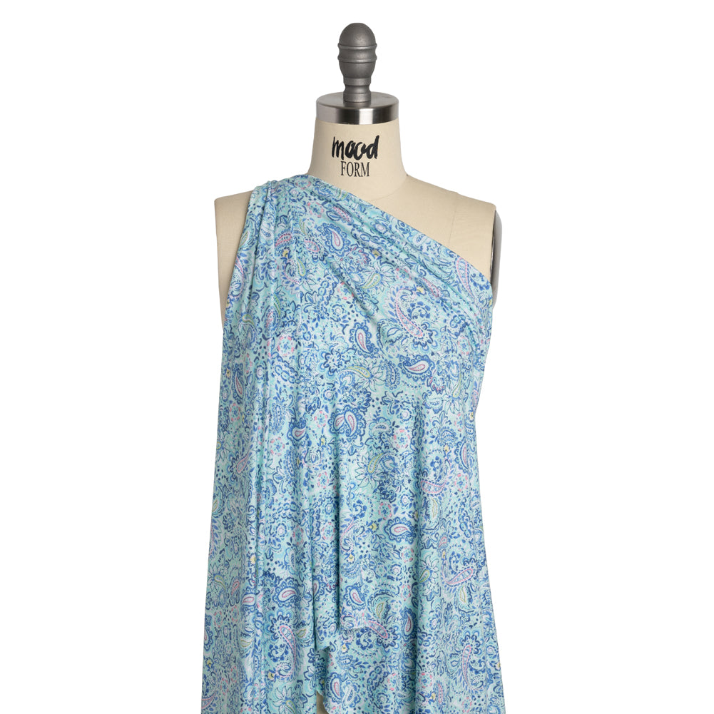 Stretch Rayon Jersey - Mint Green, Blue and Pink Paisley - Deadstock - Joann Fabrics