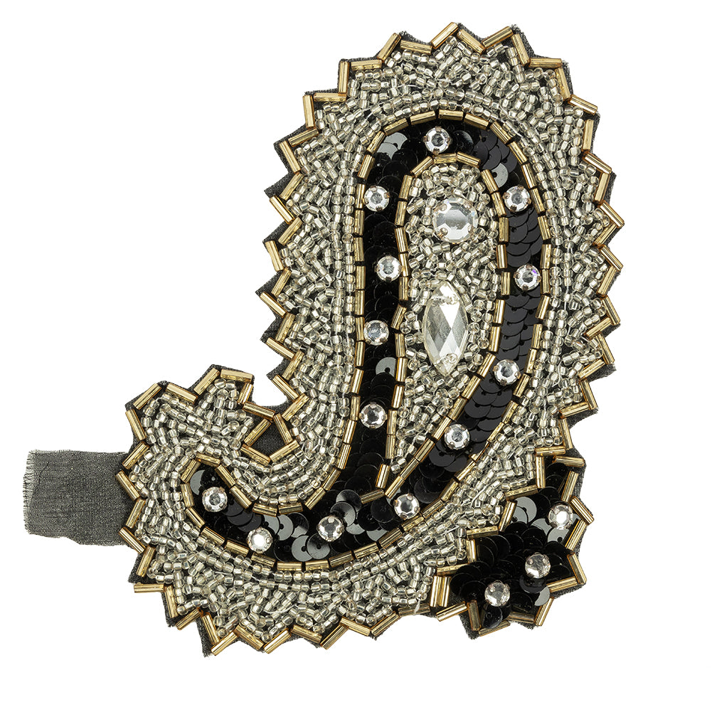 Vintage Black, Silver and Gold Right Paisley Beaded, Sequined and Rhinestone Applique - 5.25