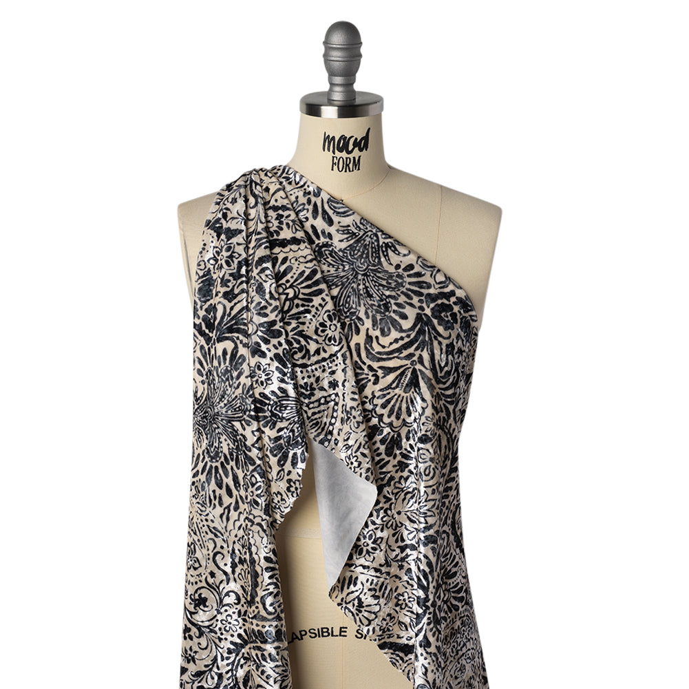 Stretch Polyester Velour Print - Ivory and Black Paisley Floral - Designer Deadstock - Joann Fabrics