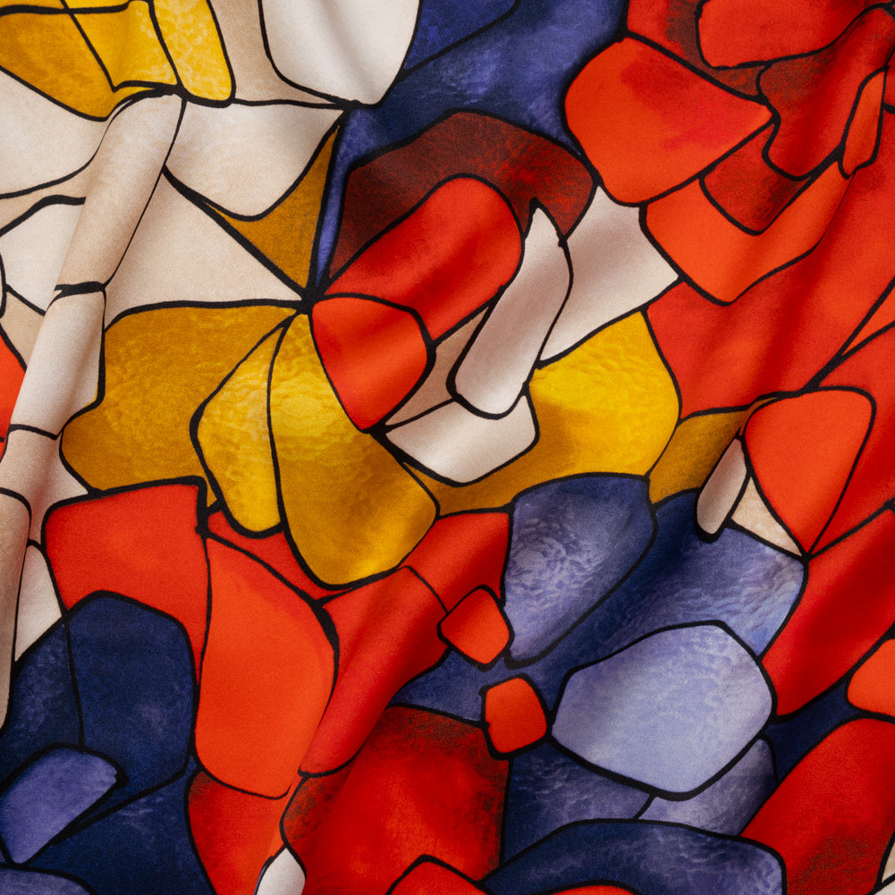 Silk Charmeuse Print 16MM, Made in Italy - Red, Golden Yellow and Dark Blue Stained Glass Roses - Joann Fabrics