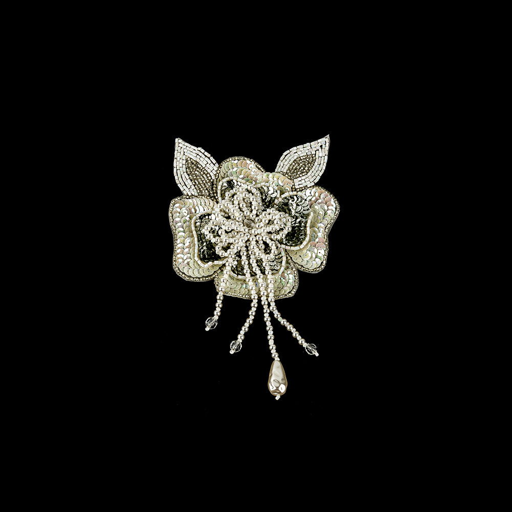 Vintage White Iris and Pearl, Silver Sequins and Beaded 3D Floral Applique with Crystal Bead Center - 6.625