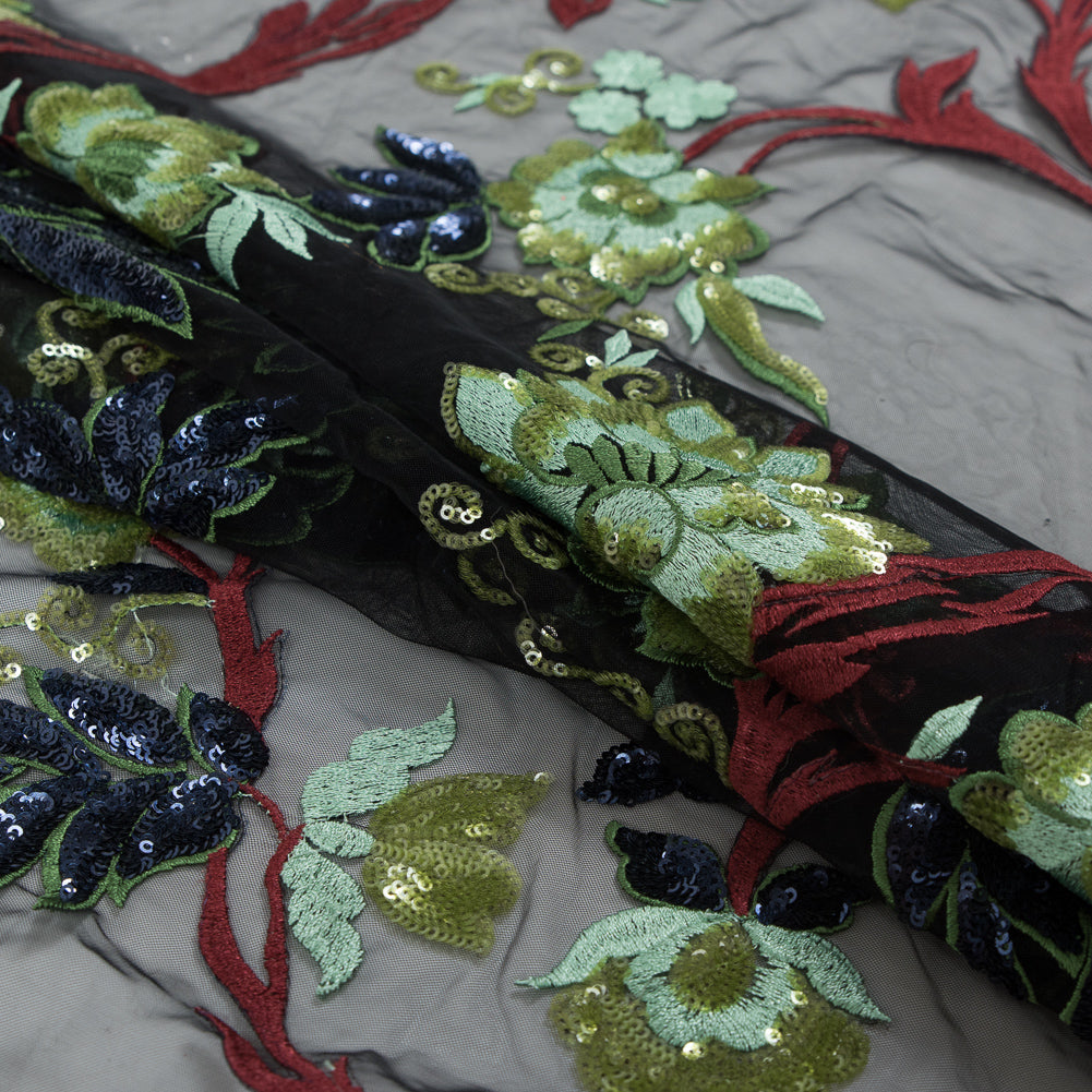 Embroidered Mesh with Sequins - Green, Brown and Navy Floral - Joann Fabrics