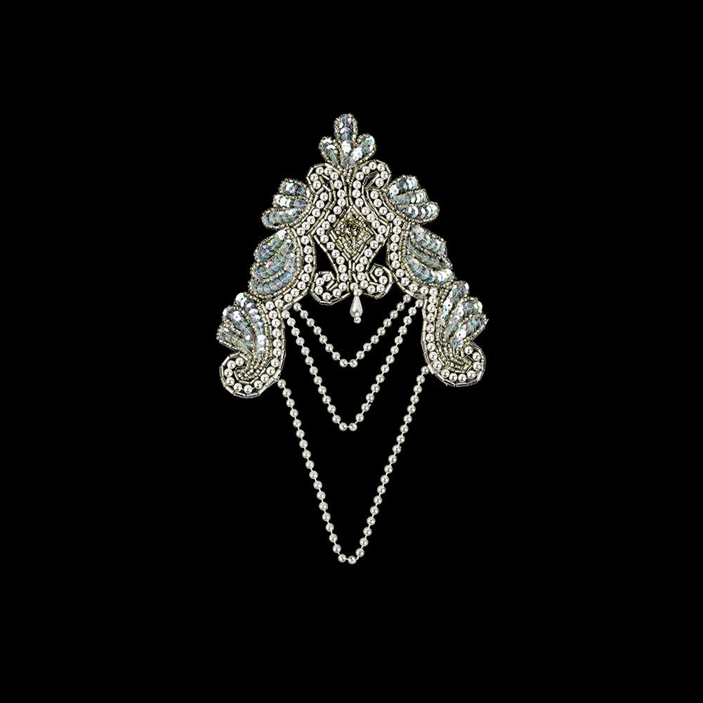 Vintage Pearl and White Iris Beaded and Sequins Applique with Crystal Rhinestone Center - 8.25